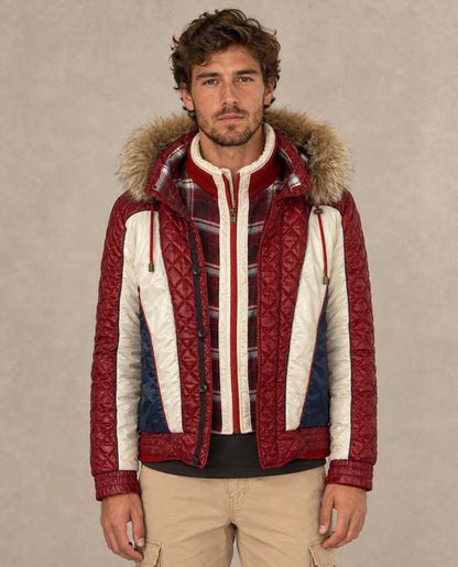 Men's winter coat with glossy burgundy quilting and contrasting cream panels.