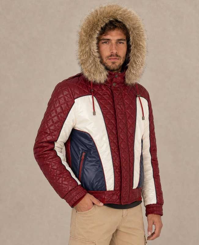 Burgundy color-block jacket with navy accents and a plaid-lined hood.