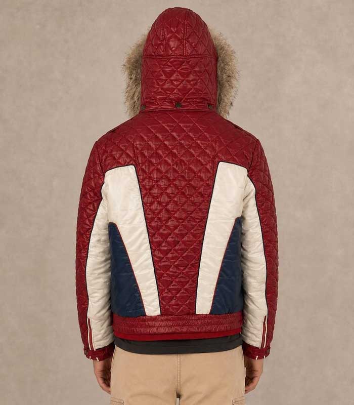 Men's quilted winter jacket featuring a snap-button storm placket and front zipper.