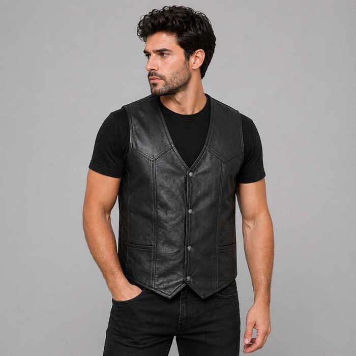 Men's genuine leather motorcycle vest with button front