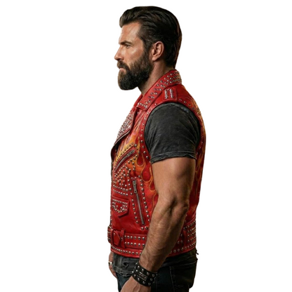 Side view of men studded flame print leather vest in premium cowhide biker style