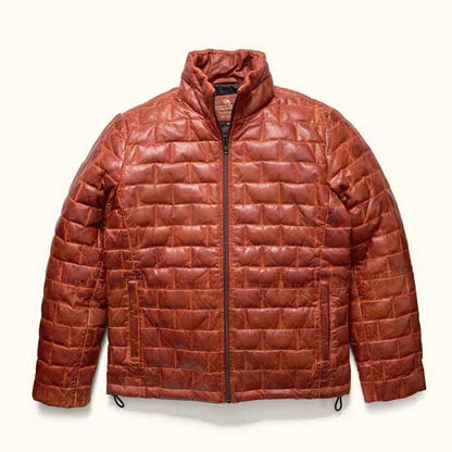 Leather puffer jacket showing V-pattern stitching detail