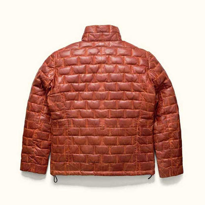 Men's stand collar leather jacket with front zip closure