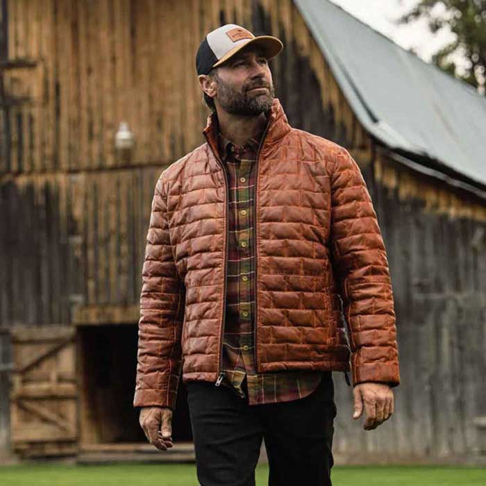 Men's cognac brown quilted leather puffer jacket front view