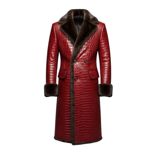  Front view of men crocodile embossed leather trench coat in full length gothic style