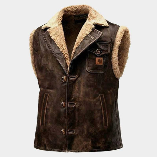 Men's Dark Brown Leather Sherpa Lined Vest Vintage Rancher Style