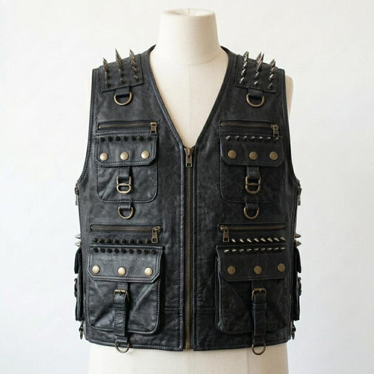  Front view of men distressed black leather biker vest with studded detail