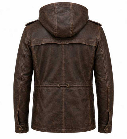 Brown sheep leather field jacket with detachable hood