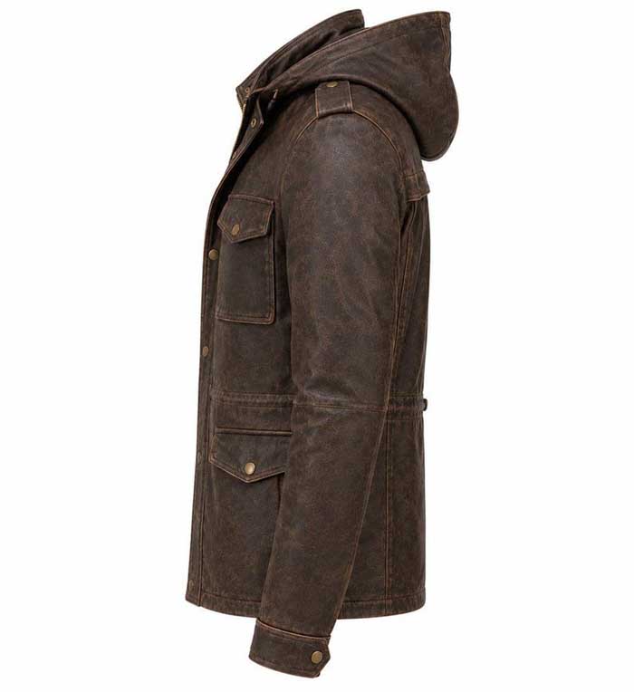 Men's vintage distressed leather jacket with utility pockets
