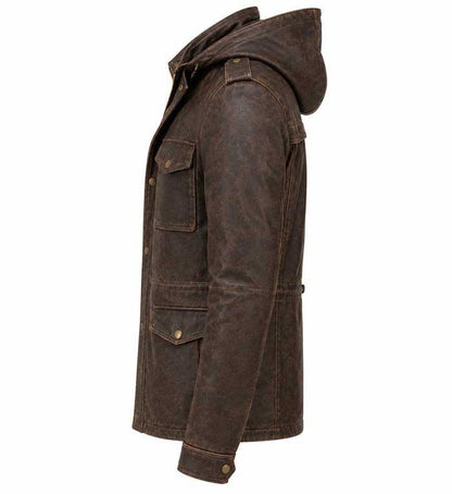 Men's vintage distressed leather jacket with utility pockets