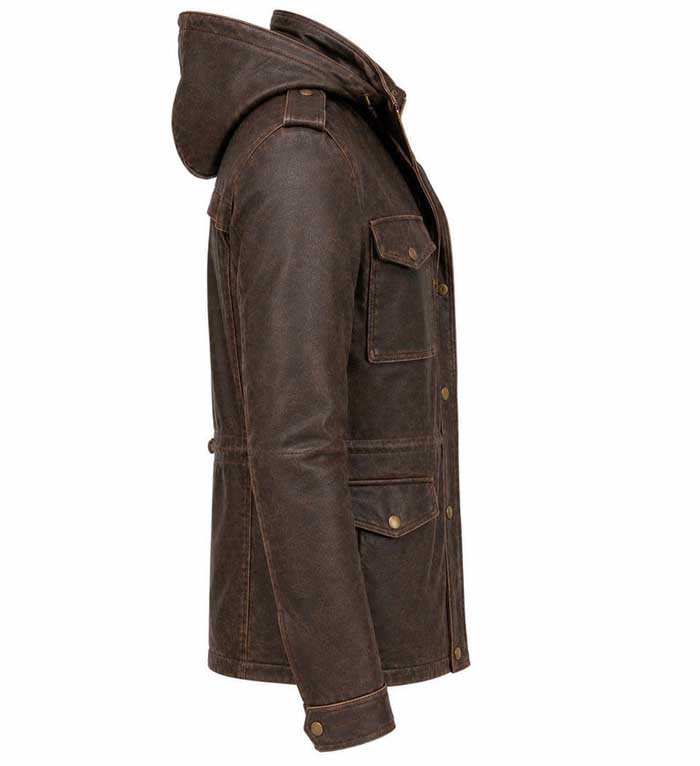 Genuine sheep leather hooded jacket in distressed brown