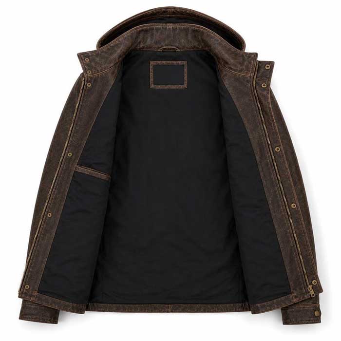 Men's brown leather field coat with zipper hood