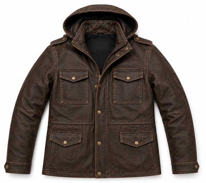 Distressed sheep leather jacket with antique brass hardware