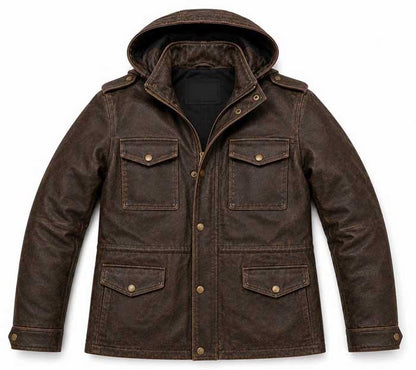 Distressed sheep leather jacket with antique brass hardware