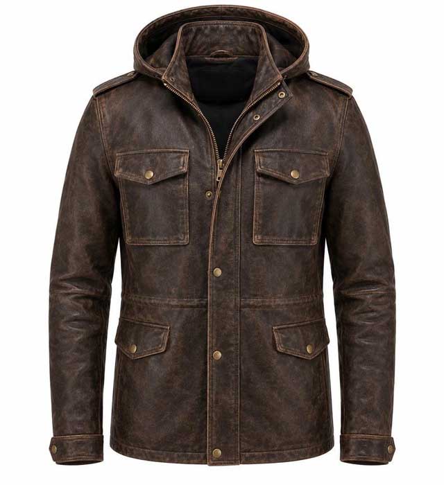 Men's distressed brown genuine sheep leather hooded jacket