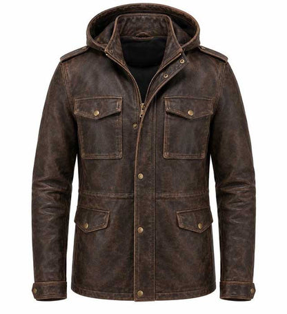 Men's distressed brown genuine sheep leather hooded jacket