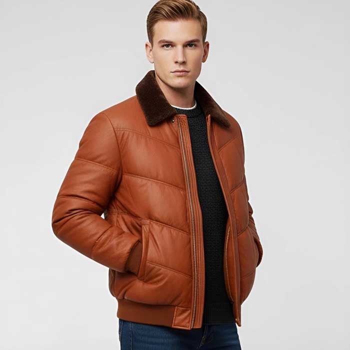 Men’s quilted lambskin leather winter coat with soft fur collar