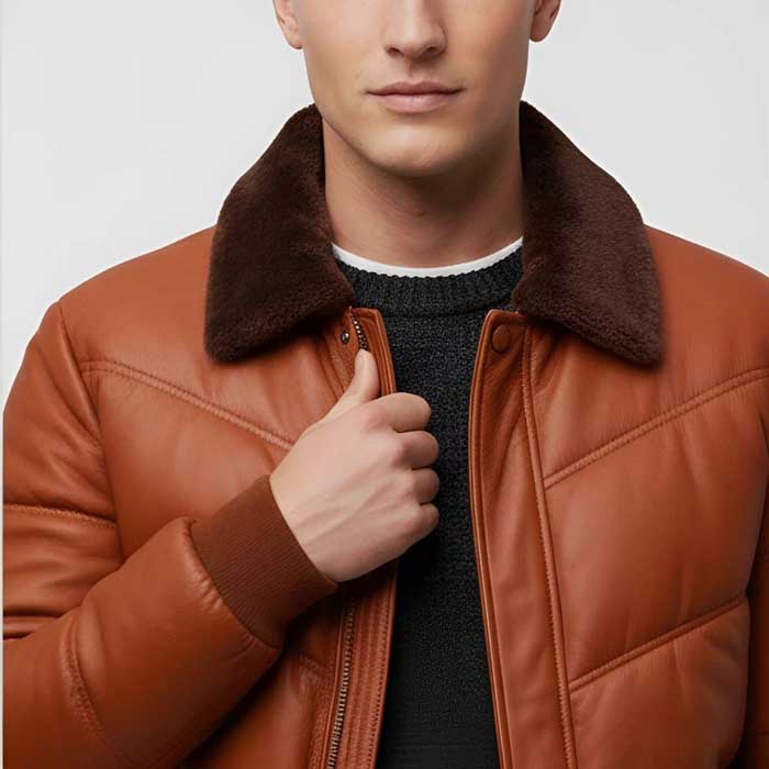 Genuine lambskin leather puffer jacket for men’s winter wear