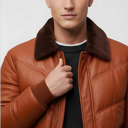 Genuine lambskin leather puffer jacket for men’s winter wear