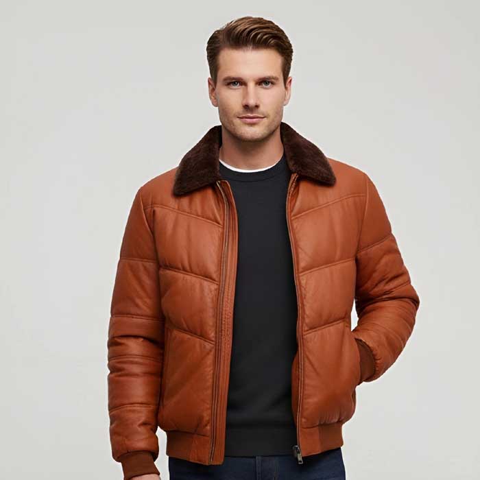Men’s genuine lambskin leather puffer jacket with fur collar