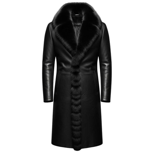 Front view of men genuine leather gothic trench coat with fur lining