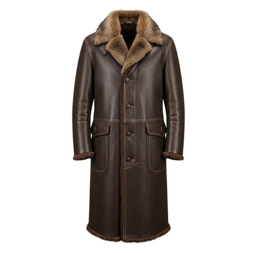 Front view of men genuine leather trench coat with fur lining