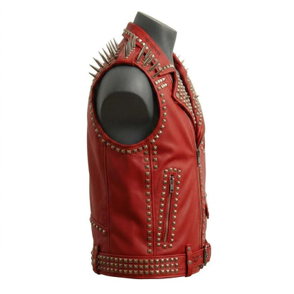  Side profile of men goth studded leather waistcoat in black

