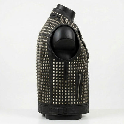  Side angle of gothic biker leather vest with metal studs