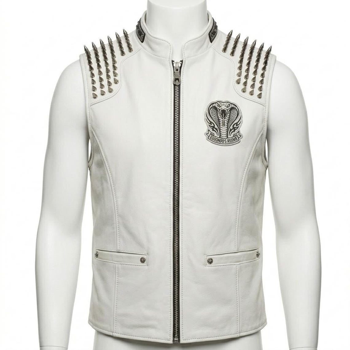 Front view of men white leather biker vest with spike embroidery