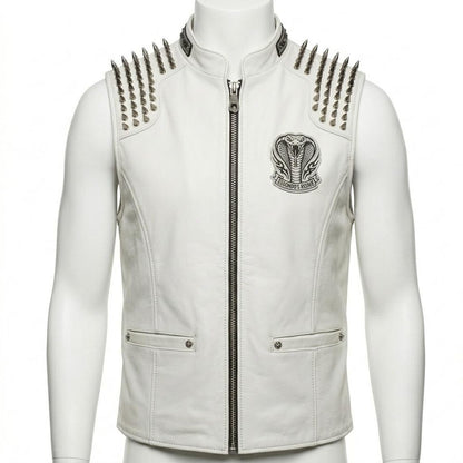 Front view of men white leather biker vest with spike embroidery