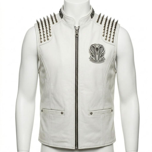 Front view of men white leather biker vest with spike embroidery