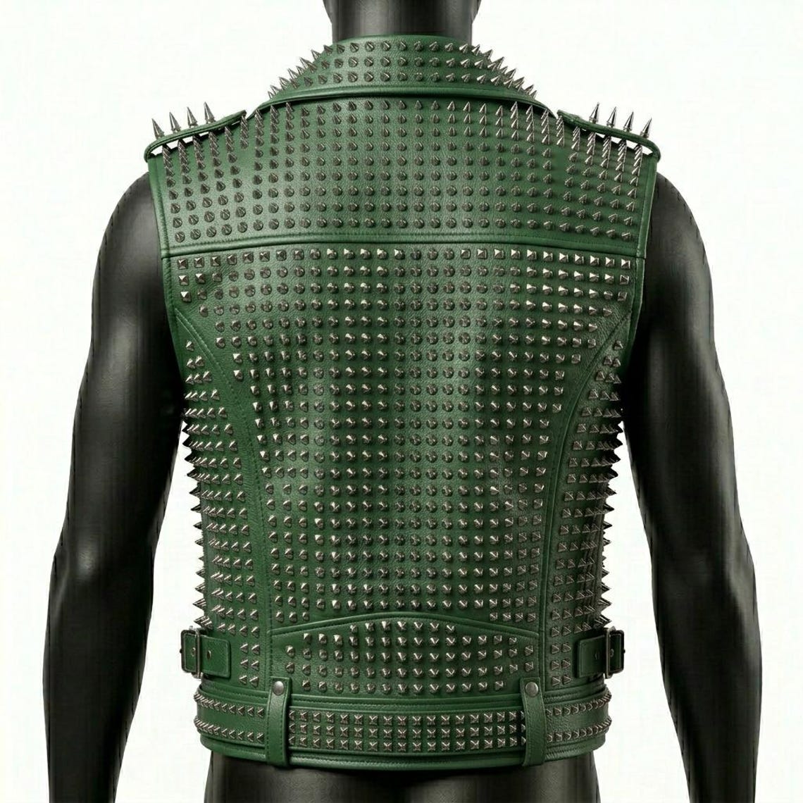  Back view of men gothic metal green leather biker vest
