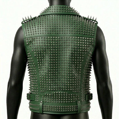  Back view of men gothic metal green leather biker vest
