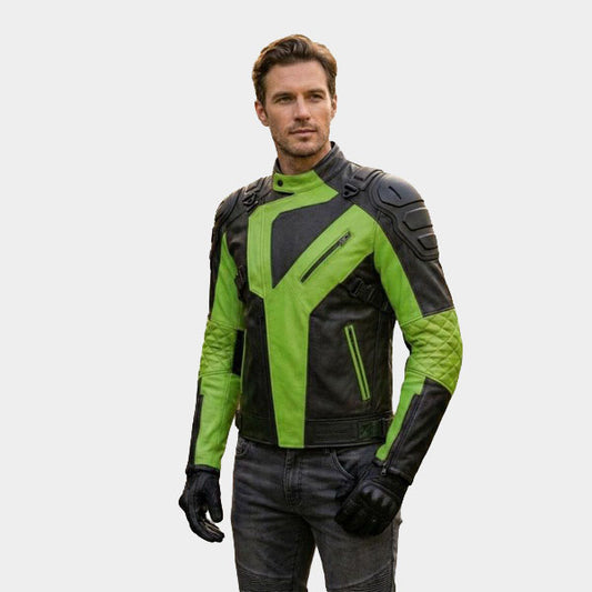 Men Green and Black Leather Motorcycle Jacket Quilted Armored Moto Coat