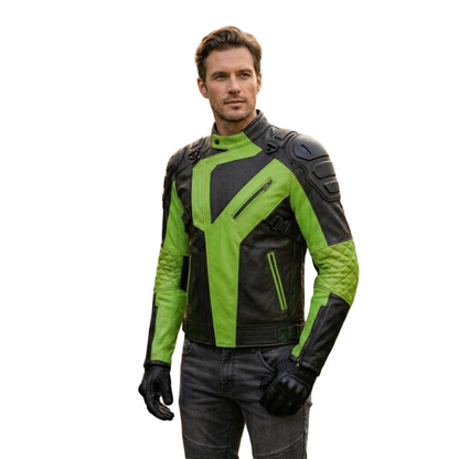 Front view of mens green and black leather motorcycle jacket