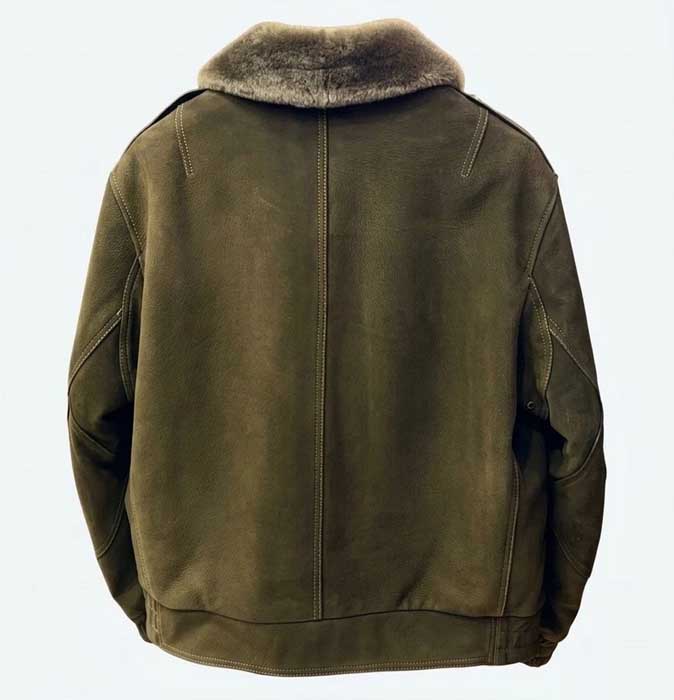 Men's green suede flight jacket with warm faux fur collar