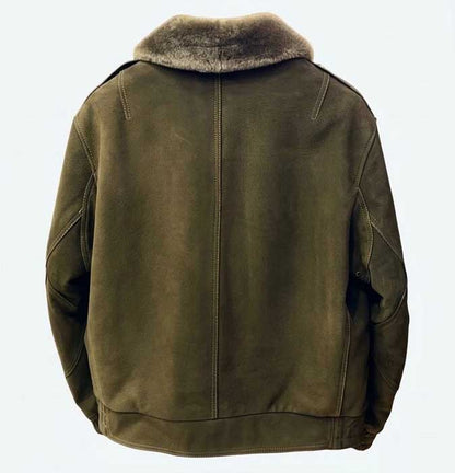 Men's green suede flight jacket with warm faux fur collar