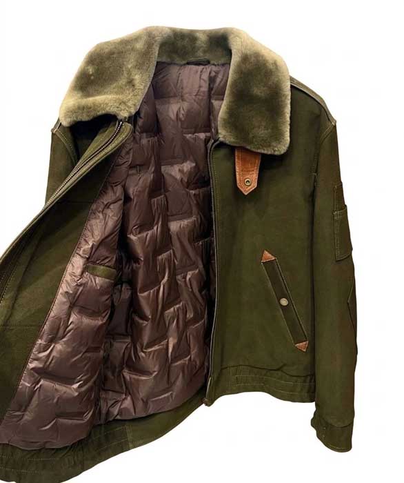 Genuine green suede leather bomber jacket for men