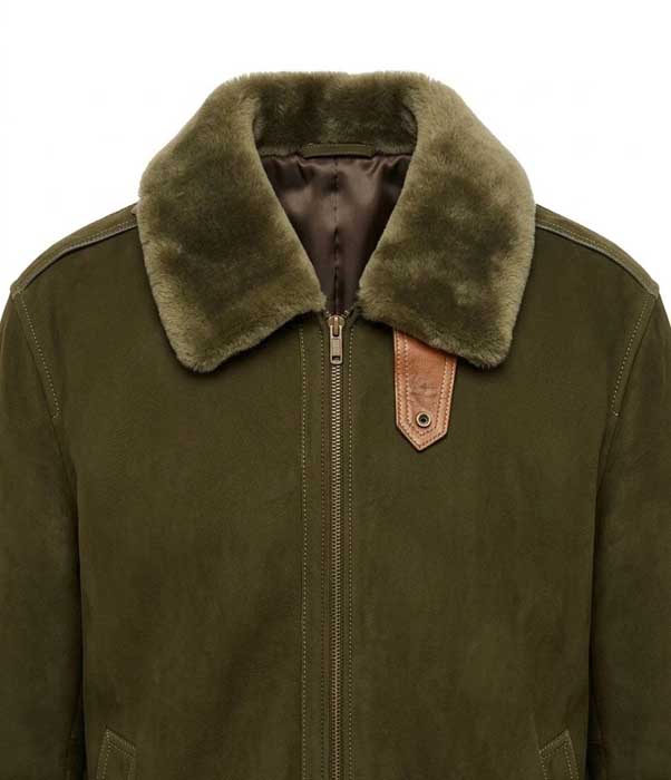 Men's green suede winter flight coat with zipper closure