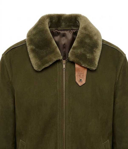 Men's green suede winter flight coat with zipper closure