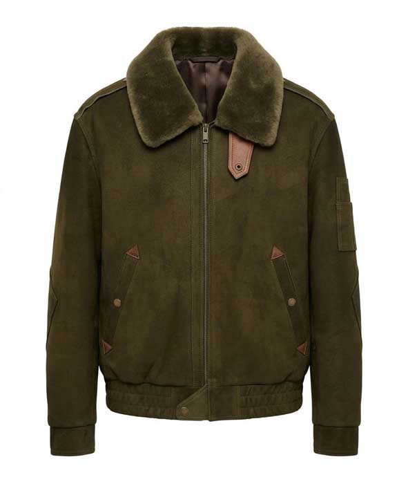 Men's green genuine suede leather bomber jacket with faux fur collar