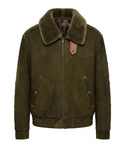 Men's green genuine suede leather bomber jacket with faux fur collar