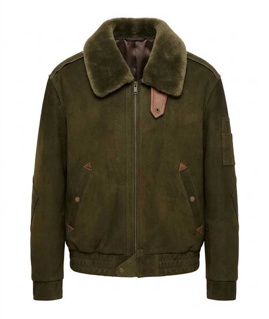 Men's green genuine suede leather bomber jacket with faux fur collar