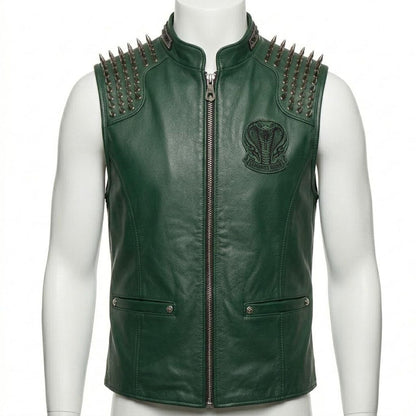  Front view of men’s green leather biker vest with spike and embroidery detail