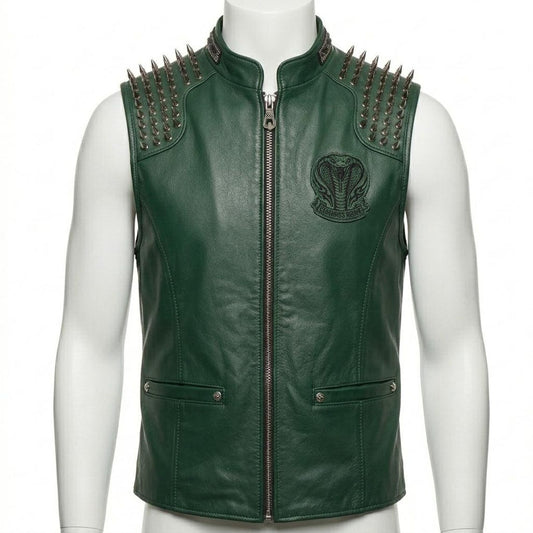  Front view of men’s green leather biker vest with spike and embroidery detail