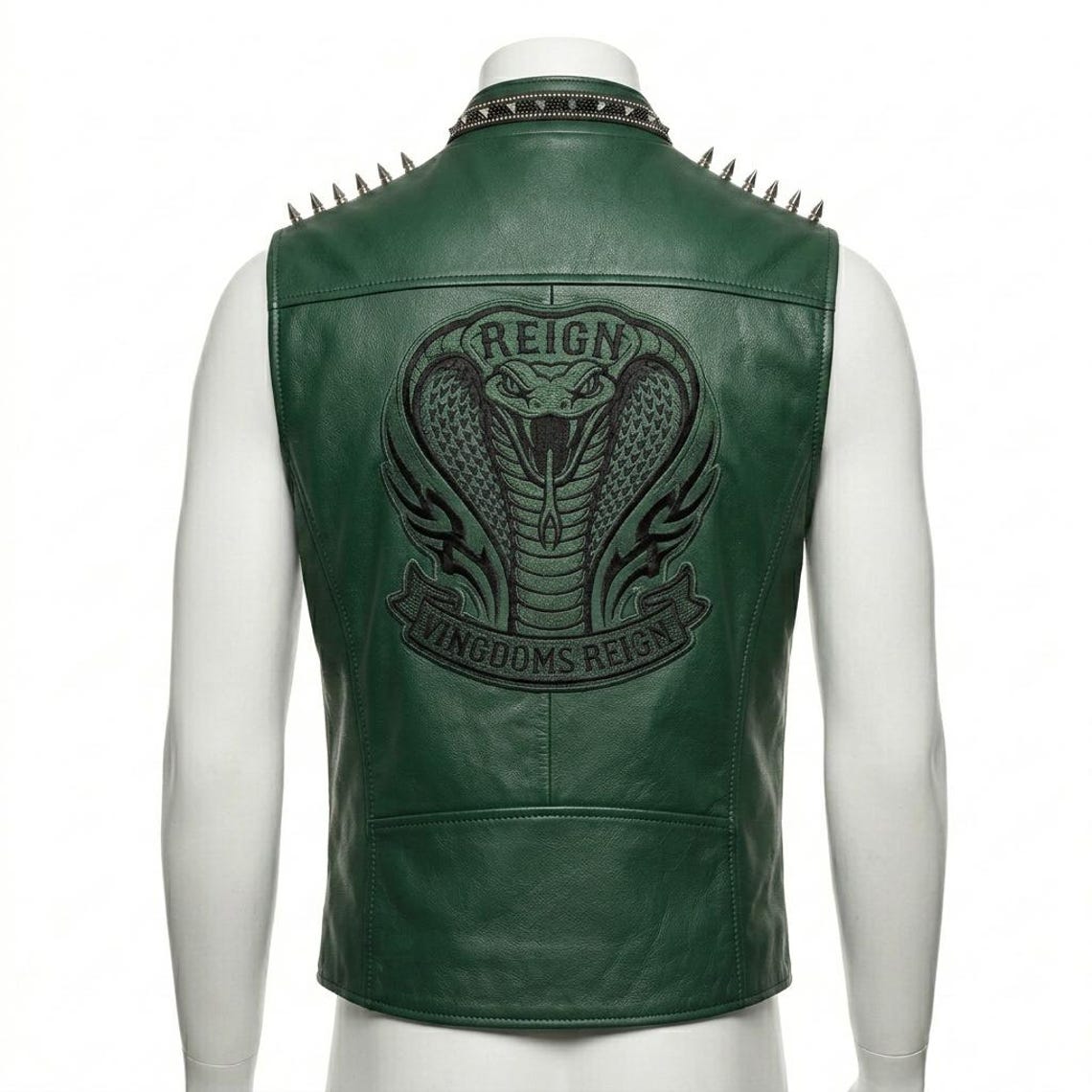 Back embroidery design on men’s green leather biker vest