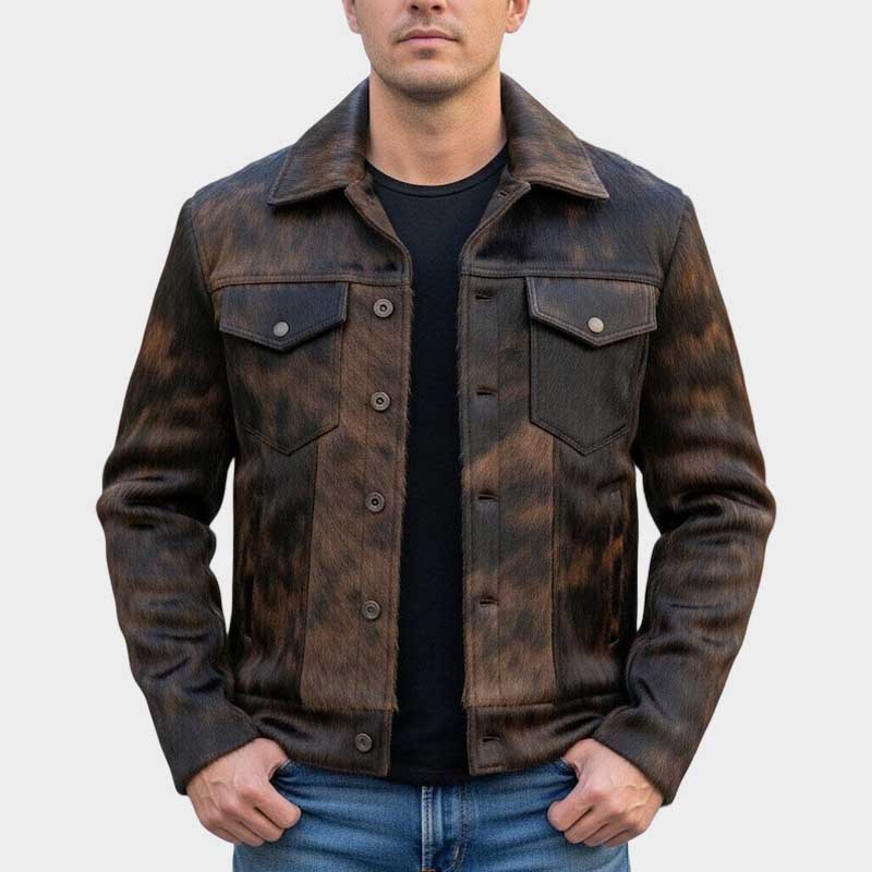 Men's Hair On Cowhide Leather Jacket Western Cowboy Style