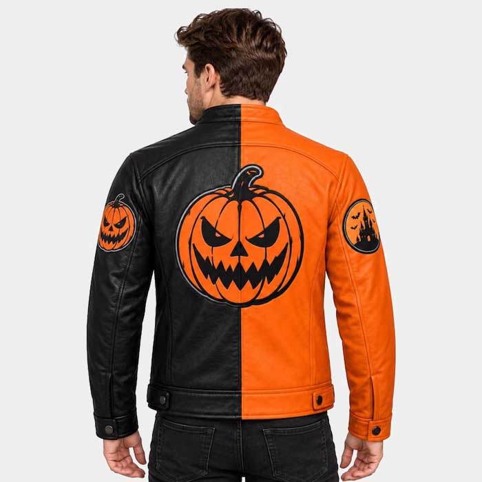 Black orange split color leather biker jacket with snap collar