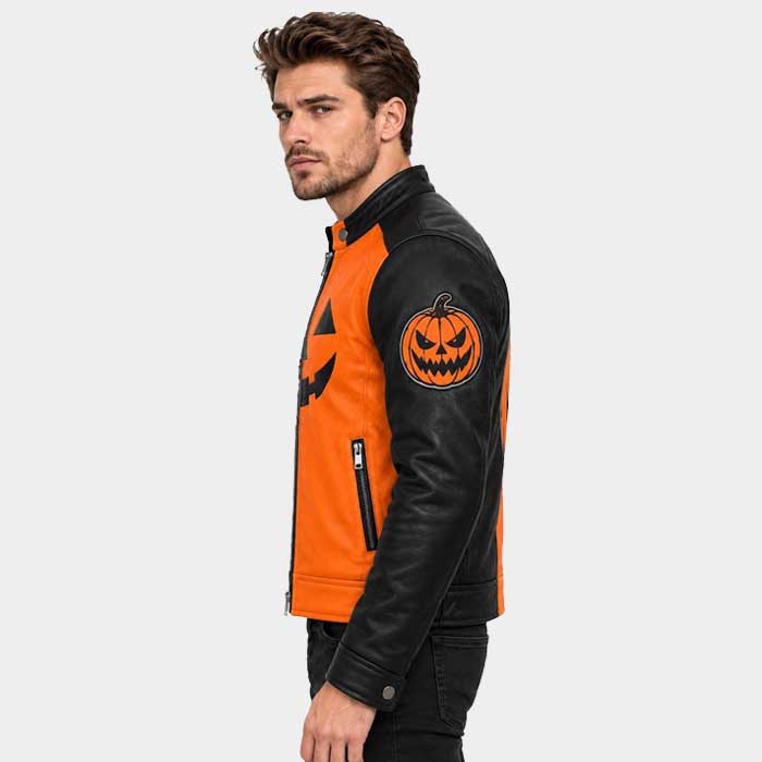 Halloween moto jacket showing pumpkin sleeve artwork detail