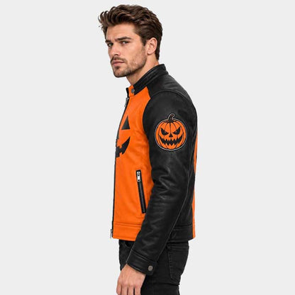 Halloween moto jacket showing pumpkin sleeve artwork detail